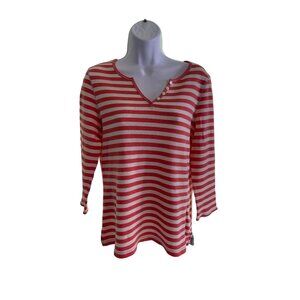 IZOD  Henley Top L Red White Stripe Long Sleeve Nautical Preppy Classicore
